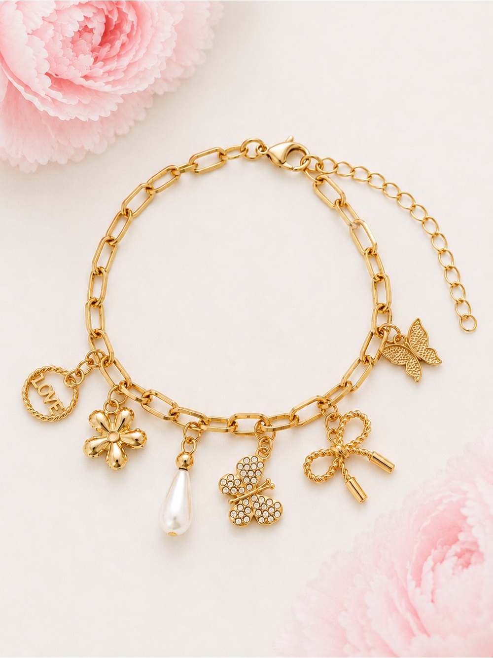 Gold Tone Charm Bracelet LOVE Butterfly Bow Pearl Floral Adjustable